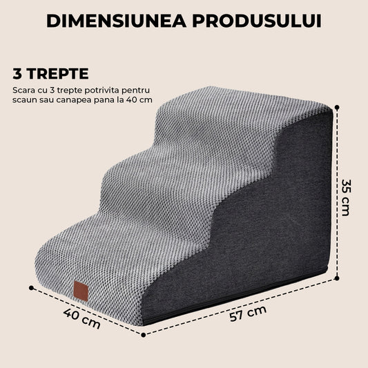 Scari Animale Elindor®, 3 Trepte pentru Caini si Pisici cu Spatiu Depozitare, Trepte Antiderapante pentru Pat sau Canapea, Structura din Placa de Inalta Densitate si Material Textil, pentru Dormitor, Living, 40 × 57 × 35 cm, Gri