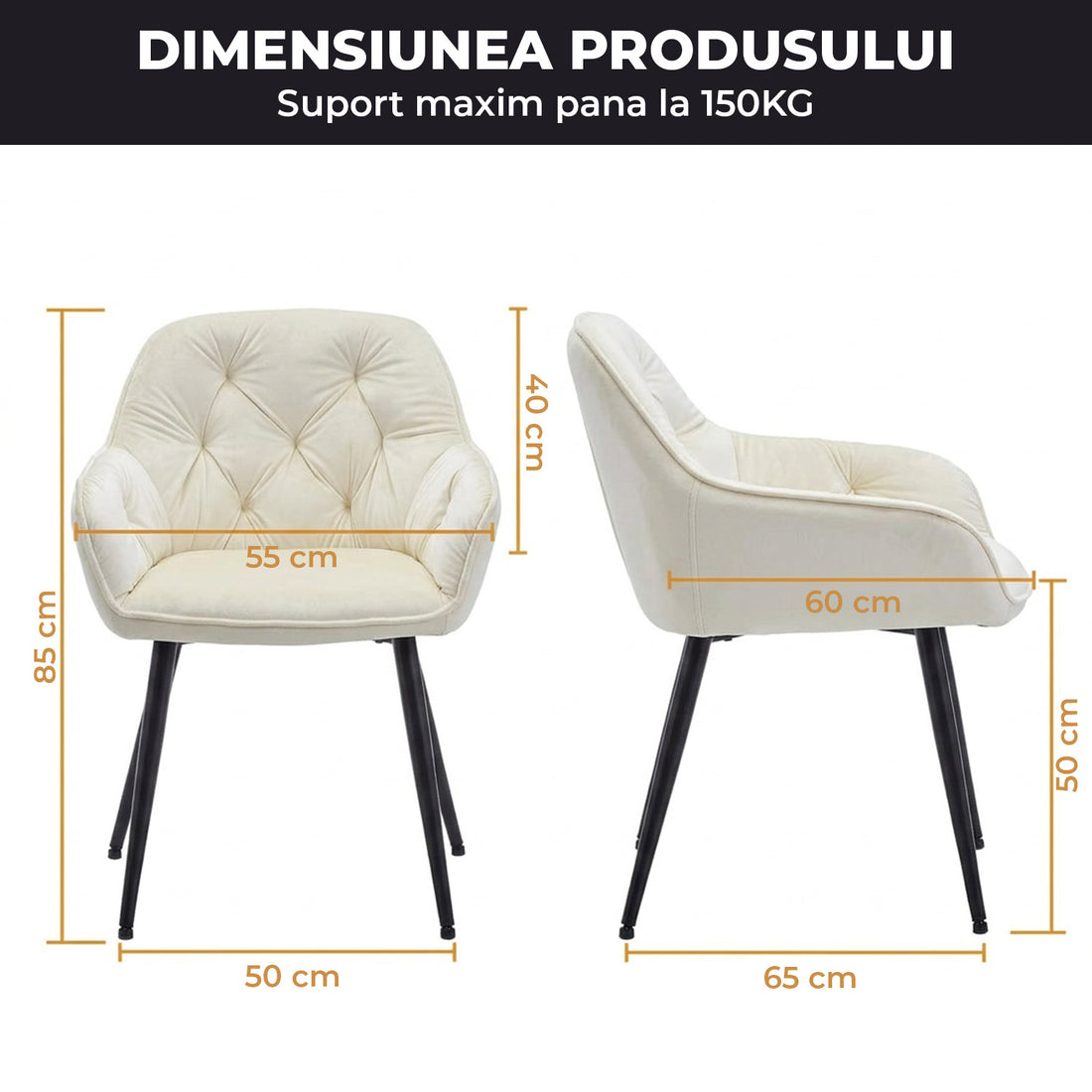 Set 2 Scaune Elindor® Ergonomice, Design Contemporan, Scaun cu Spatar si cu Manere, din Catifea cu Picioare Metalice Negre, Potrivite pentru Living, Bucatarie, Birou, Dormitor, 85 × 60 × 50 cm, Bej