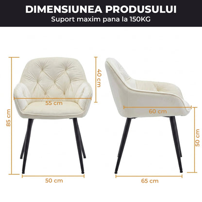 Set 2 Scaune Elindor® Ergonomice, Design Contemporan, Scaun cu Spatar si cu Manere, din Catifea cu Picioare Metalice Negre, Potrivite pentru Living, Bucatarie, Birou, Dormitor, 85 × 60 × 50 cm, Bej