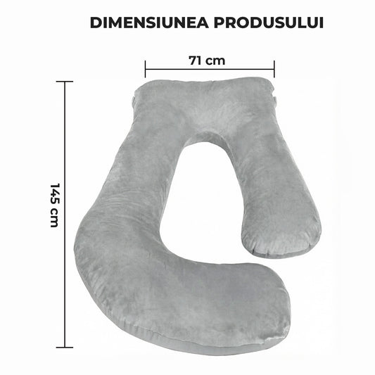 Perna Gravide si Alaptare Elindor®, Multifunctionala, Forma de J, Husa din Bumbac Satinat Detajabila, Lavabila, Suport Burta, Picioare, Cap, Gat, Spate, Ideala Pentru Dormit Lateral, 3.2 kg, 71 x 145  cm, Gri