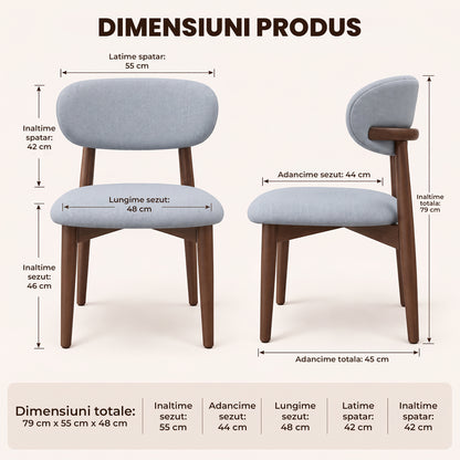 Set 2 Scaune Elindor® Ergonomice, Design Contemporan, Scaun cu Spatar si fara Manere, din Bumbac si In cu Picioare Maro Inchis, Potrivite pentru Living, Bucatarie, Birou, Dormitor, Gri Albastrui