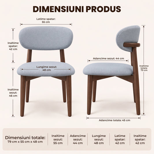 Set 2 Scaune Elindor® Ergonomice, Design Contemporan, Scaun cu Spatar si fara Manere, din Bumbac si In cu Picioare Maro Inchis, Potrivite pentru Living, Bucatarie, Birou, Dormitor, Gri Albastrui