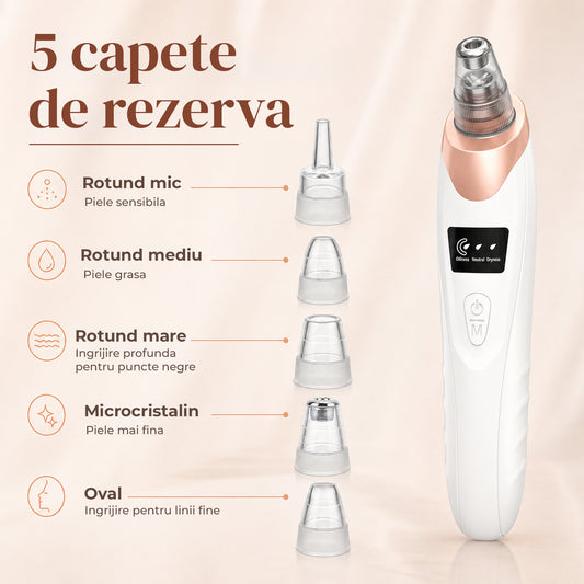 Aspirator Puncte Negre Elindor® 3 Trepte de Aspirare si Extractie pentru Fata, 5 Capete de Schimb, Tehnologie Vacuum pentru Ingrijire Ten, Extractor Sebum si Cosuri, Aparat Reincarcabil USB pentru Ingrijirea Tenului, Baterie 450mAh, Alb