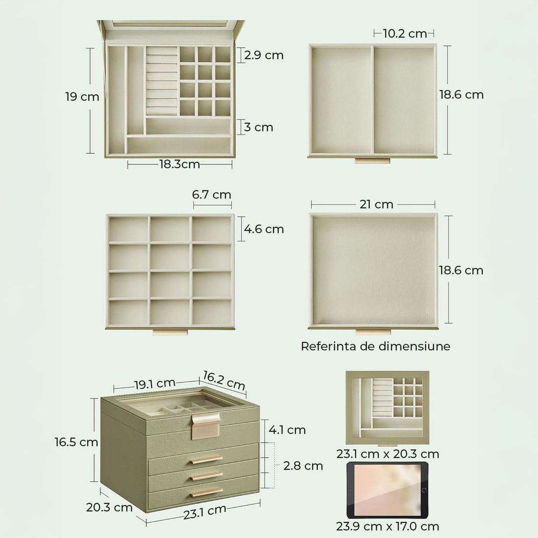 Cutie de Bijuterii Elindor® cu Capac, Organizator 4 Niveluri, 3x Sertar, Spatiu Depozitare Inel, Verighete, Lantisoare, Bratari, Cercei, Caseta din Material Catifelat, Rafinat, Simplu si Elegant, Piele Ecologica, 23×20x16.5 cm, Verde Masliniu