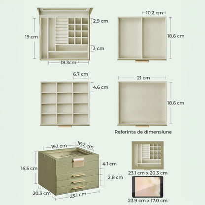 Cutie de Bijuterii Elindor® cu Capac, Organizator 4 Niveluri, 3x Sertar, Spatiu Depozitare Inel, Verighete, Lantisoare, Bratari, Cercei, Caseta din Material Catifelat, Rafinat, Simplu si Elegant, Piele Ecologica, 23×20x16.5 cm, Verde Masliniu