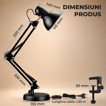 Lampa de Birou Elindor® Neagra cu LED, 3 Moduri Lumina Camera Rece/Cald si 10 Intensitati, Soclu Compatibil E26/E27, Veioza cu 2 Moduri de Utilizare cu Clema sau pe Birou, Brat Reglabil, Protectie pentru Ochi