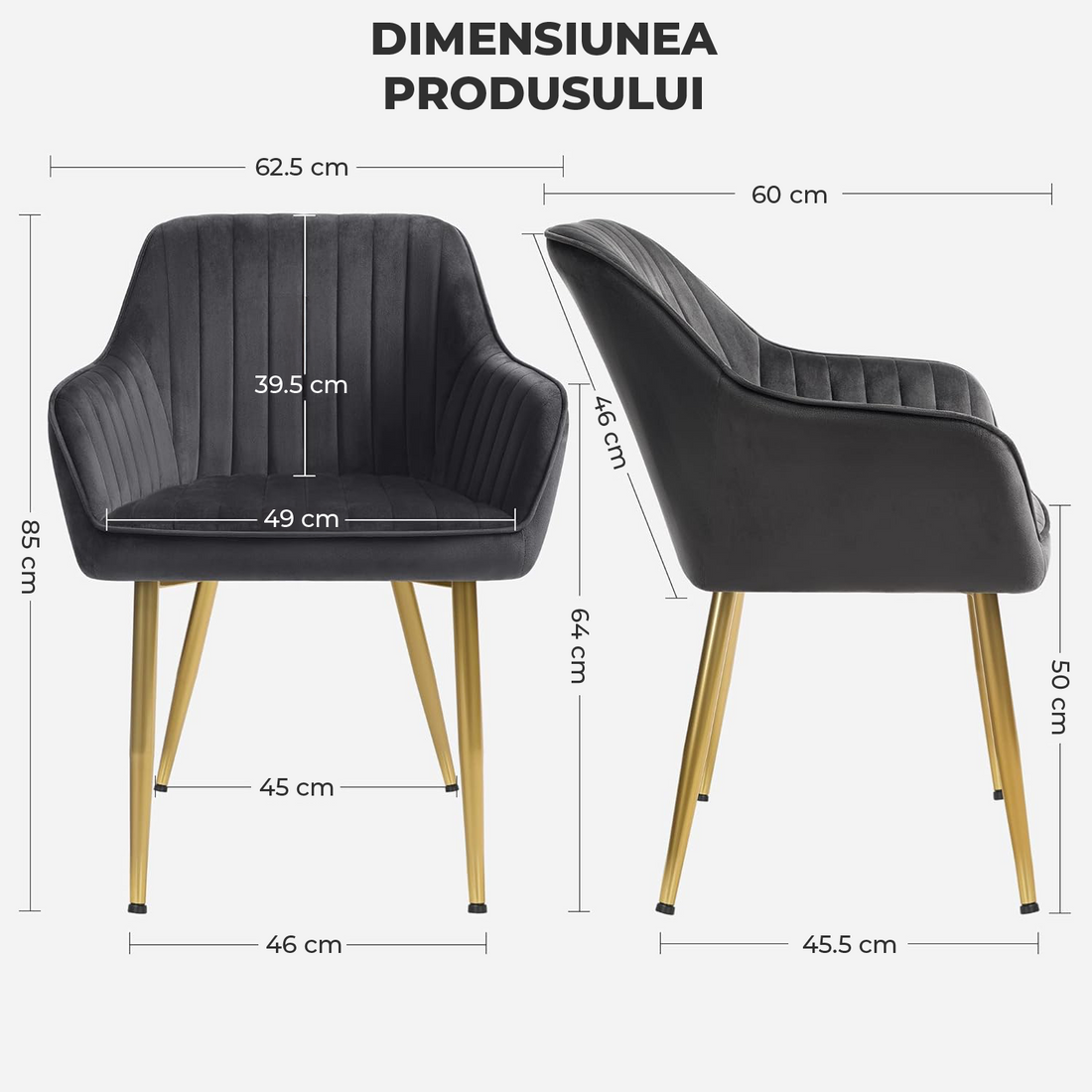 Set 2 Scaune Elindor® Ergonomice, Design Contemporan, Scaun cu Spatar si cu Manere, din Catifea cu Picioare Metalice Negre, Potrivite pentru Living, Bucatarie, Birou, Dormitor, 83 × 55.5 × 43 cm, Gri