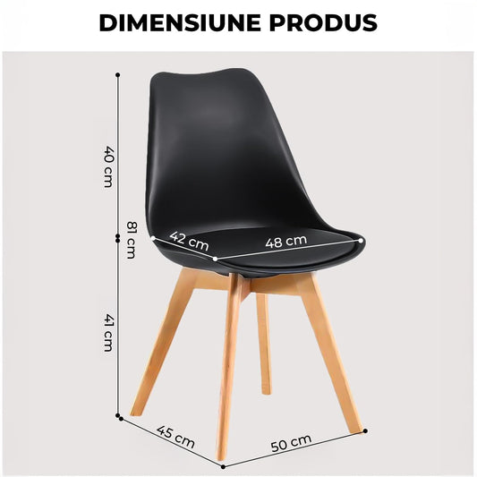 Set 4 Scaune Bucatarie Negre Elindor® din Piele Ecologica, Picioare din Lemn, Scaun Confortabil, Perna Sezut, Elegant, pentru Bucatarie, Dormitor, Living, 50 x 45 x 81 cm