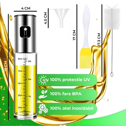Pulverizator Ulei Elindor®, Oliviera 100ml, Sticla Dozatoare Multifunctionala, Control Precis, pentru Gatit, Friteuza cu Aer, Salate  Material Sticla si PVC, Argintiu