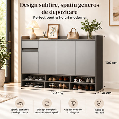 Dulap Pantofi Elindor®, pentru Hol, 4 Usi, 1 Sertar, Rafturi Interioare si Compartimente Deschise, Capacitate Mare, 120 x 30 x 100 cm, Gri