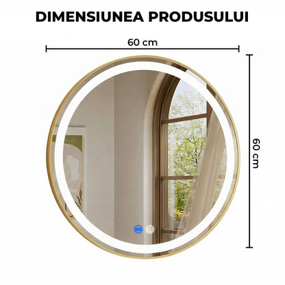 Oglinda de Perete Elindor® Rotunda, Antiaburire, cu Rama Aurie, Ideala pentru Baie, Iluminare Led, 3 Culori Lumina, Dimabila, Buton ON/OFF Luminat si Noaptea, Rezistenta la Umiditate IP44, 60 x 60 cm