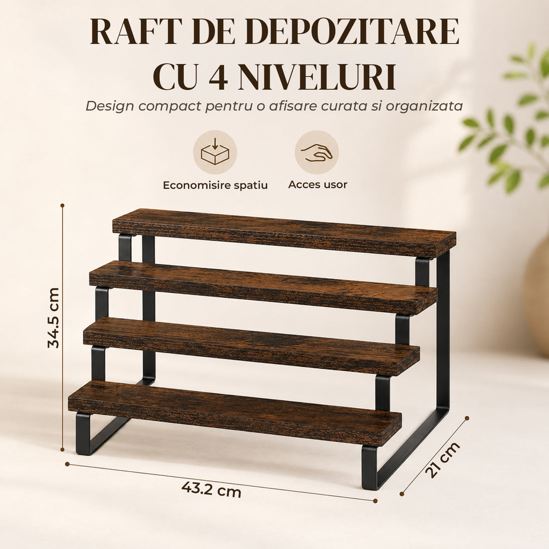 Raft Elindor® pe 4 Nivele, Rafturi Suprapus pentru Bucatarie, Organizator Ideal ca Etajera Depozitare in Camara sau Birou, Perfect pentru Condimente, Vesela, Farfurii, Stabil si Compact, Polita pentru Obiecte, 34.5 x 21 x 43.2 cm, Maro Rustic