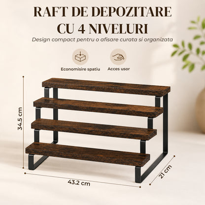 Raft Elindor® pe 4 Nivele, Rafturi Suprapus pentru Bucatarie, Organizator Ideal ca Etajera Depozitare in Camara sau Birou, Perfect pentru Condimente, Vesela, Farfurii, Stabil si Compact, Polita pentru Obiecte, 34.5 x 21 x 43.2 cm, Maro Rustic