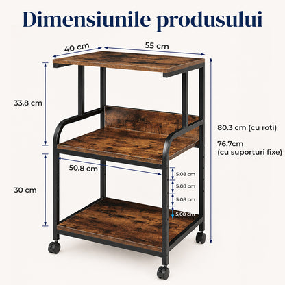 Carucior Organizator 3 Niveluri Elindor® , cu Roti 360°, Organizator Bucatarie, Multifunctional, Raft Mobil Organizare Baie, Camara, Birou, Bar, 80 x 55 x 40 cm, Negru / Maro