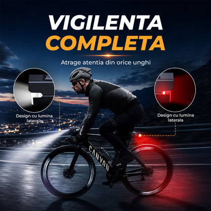 Set Lumini pentru Bicicleta Elindor®, Far Fata si Stop Spate LED, 9 Moduri de Iluminare, Incarcare USB-C, Impermeabil IP65, Faruri cu Acumulator Reincarcabil, Accesorii Bicicleta, Montare Rapida, Negru