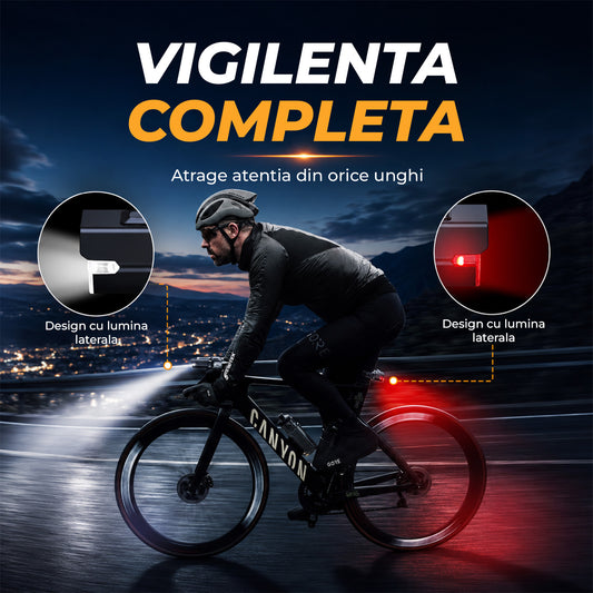 Set Lumini pentru Bicicleta Elindor®, Far Fata si Stop Spate LED, 9 Moduri de Iluminare, Incarcare USB-C, Impermeabil IP65, Faruri cu Acumulator Reincarcabil, Accesorii Bicicleta, Montare Rapida, Negru