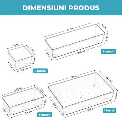 Set 15 Cutii Depozitare Elindor® Organizator pentru Bucatarie si Baie, 4 Marimi, Organizatoare Dulap si Sertare, Cutie pentru Sertar, Frigider, Camara, Baie, Bar, Birou, Cos Multifunctional, Separator Fructe, Legume, Creme, Parfumuri, PP