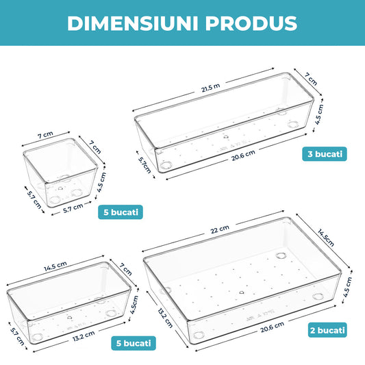Set 15 Cutii Depozitare Elindor® Organizator pentru Bucatarie si Baie, 4 Marimi, Organizatoare Dulap si Sertare, Cutie pentru Sertar, Frigider, Camara, Baie, Bar, Birou, Cos Multifunctional, Separator Fructe, Legume, Creme, Parfumuri, PP