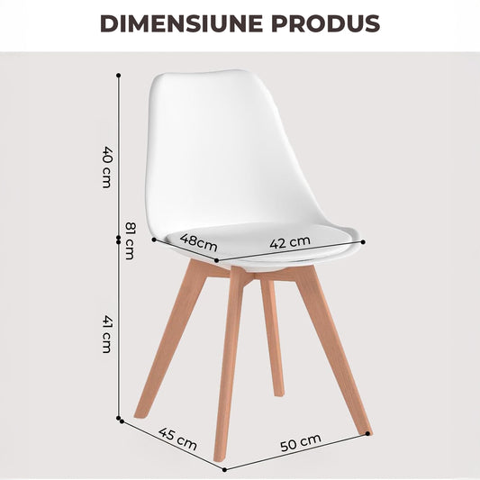Set 4 Scaune Bucatarie Albe Elindor® din Piele Ecologica, Picioare din Lemn, Scaun Confortabil, Perna Sezut, Elegant, pentru Bucatarie, Dormitor, Living, 50 x 45 x 81 cm