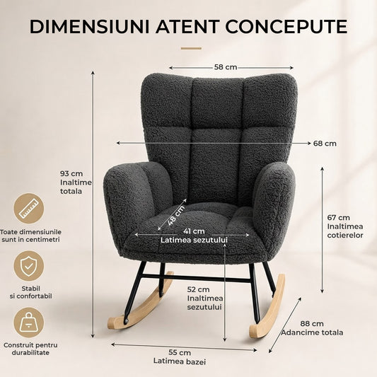 Fotoliu Balansoar Elindor® cu Spatar, Ergonomic, Cadru Solid din Otel, Ideal pentru Living, Dormitor, Camera Copilului, 68 x 88 x 93 cm, Gri Inchis
