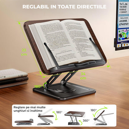 Suport de Carte Elindor® pentru Lectura, Accesoriu Carti Versatil, Reglabil si Pliabil, cu Baza Rotativa 360° si Cleme Elastice, pentru Carte de Bucate, Manuale, Retete, Partituri, 34 x 23 cm, Negru / Maro