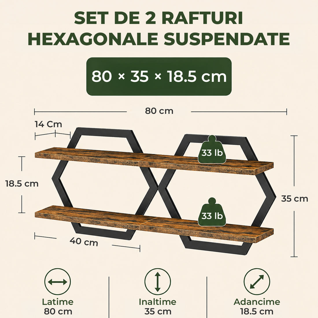 Set 2 Rafturi Elindor®, Raft Suspendat de Depozitare, Mobila Bucatarie, Dormitor, Baie sau Birou, Etajera Practica cu Design Aerisit, Usor de Asamblat, Perfecta pentru Organizare Carti, Condimente, Polita Produse Diverse, 80 x 39 x 18.5 cm, Maro / Negru