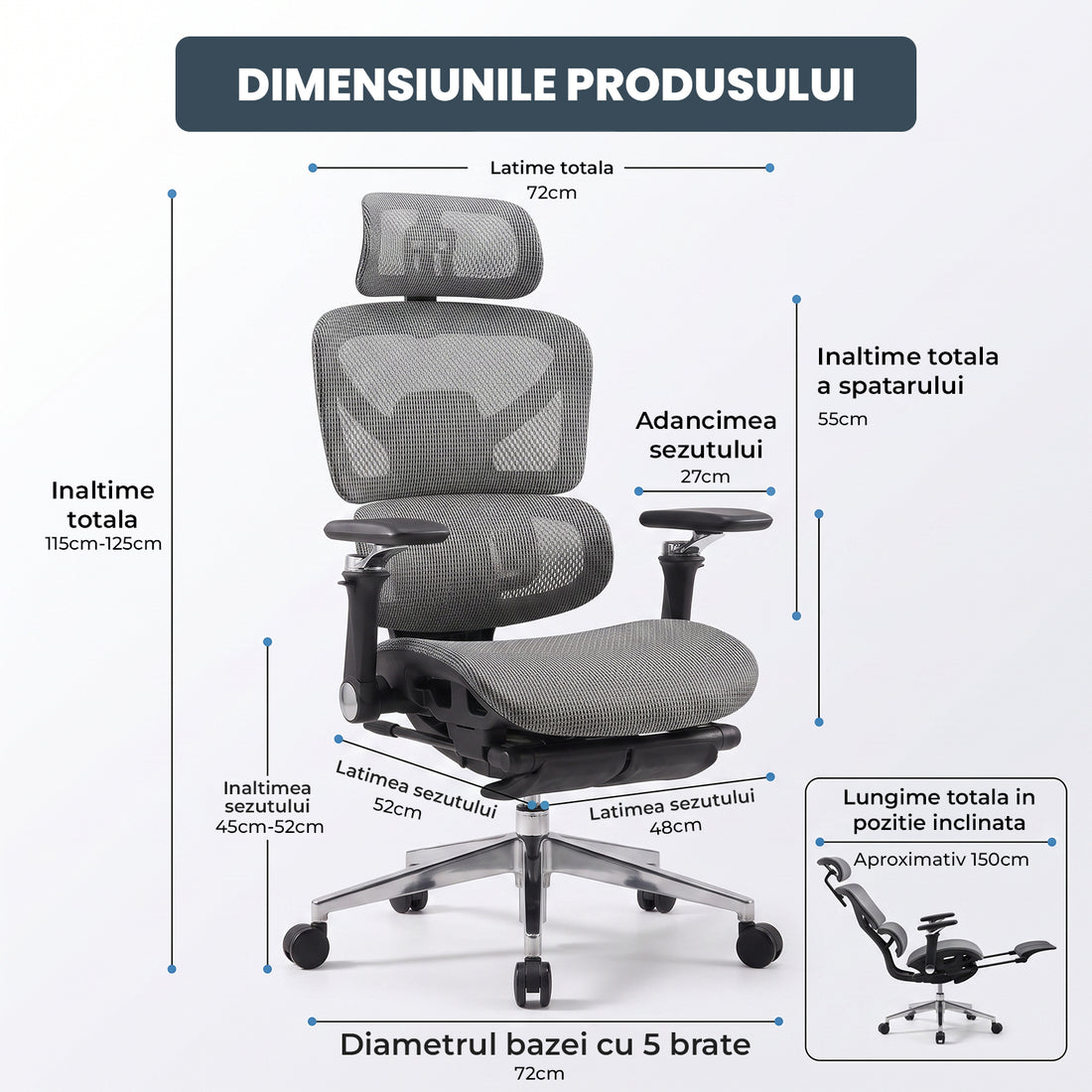 Scaun de Birou Elindor® Ergonomic, cu Functie de Masaj, Scaun cu Spatar si Manere, din Plasa, Suport pentru Picioare si Lombar, cu Roti, Inaltime Reglabila 115 - 125 cm, Negru