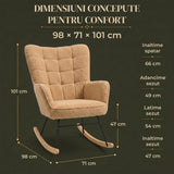 Fotoliu Balansoar Elindor® cu Spatar Inalt, Pufos, Ergonomic, Cadru Solid din Otel si Lemn, Suporta 120 kg, Ideal pentru Camera Copilului, Living sau Dormitor, 101 × 98× 71 cm, Maro