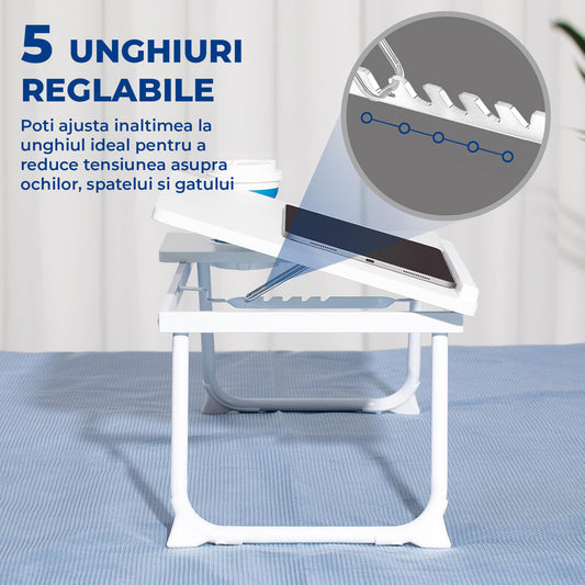 Masa Pliabila pentru Laptop Elindor® Suport Inaltime Reglabila 5 Trepte, Unghi Ajustabil, Antiderapanta, Usor de Depozitat, Birou Portabil cu Suport pentru Pahar si Mouse, Utilizare in Orice Loc, Ideala la Munca sau Mic Dejun la Pat, Alb