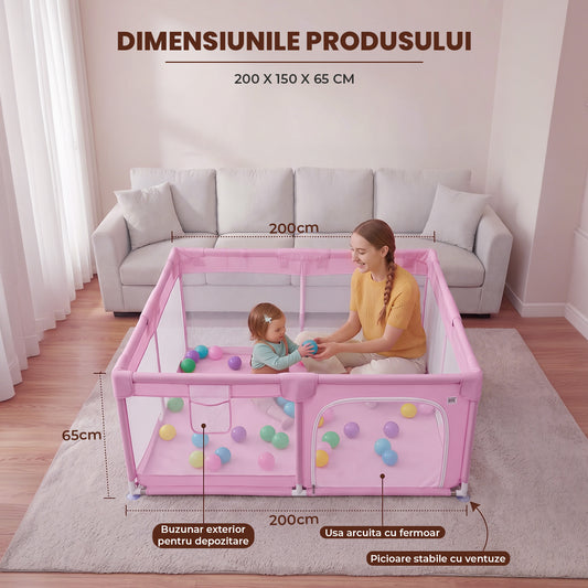 Tarc de Joaca pentru Bebelusi si Copii Elindor® Spatiul Sigur de Joaca, Plasa de Protectie, Include Usa cu Fermoar, Materiale Eco-Friendly și Non-Toxice, Varsta 0-5 ani, 200 x 150 x 65 cm, Roz