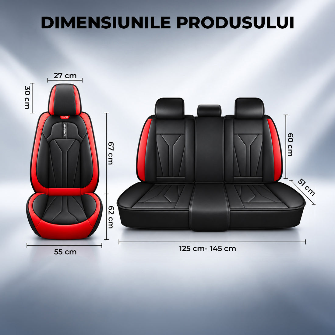 Set 5 Huse Scaune de Masina Elindor®, Huse Auto Piele, Impermeabile, Universale, Protectie Scaun Fata si Spate, Montaj Rapid, Accesorii Masina Interior, Negru / Rosu