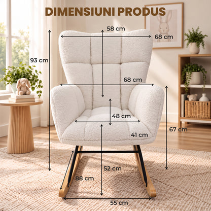 Fotoliu Balansoar Elindor® cu Spatar, Ergonomic, Cadru Solid din Otel, Ideal pentru Living, Dormitor, Camera Copilului, 68 x 88 x 93 cm, Alb