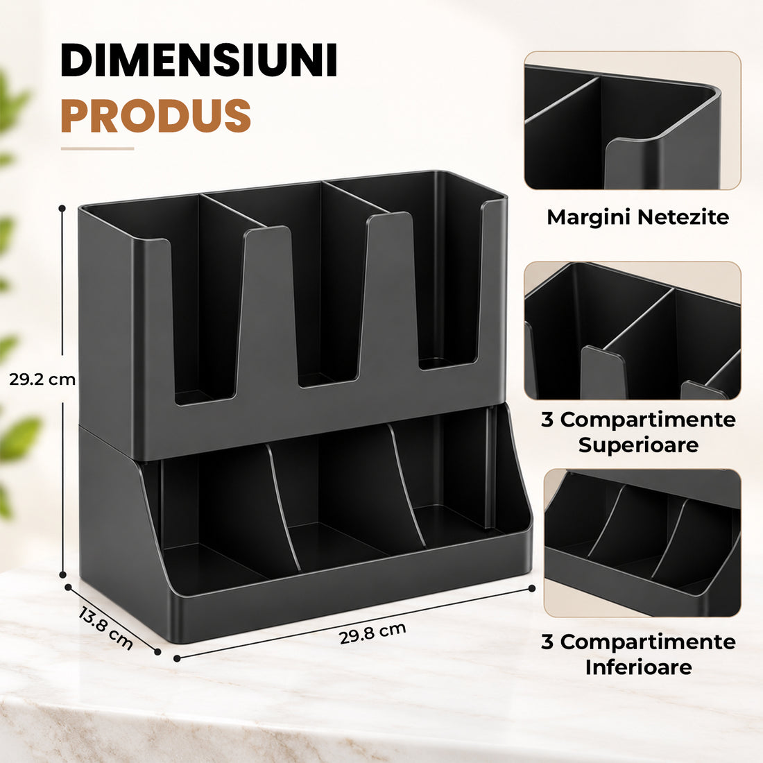 Organizator Multifunctional Elindor® pentru Bucatarie, Cafea si Birou, 6 Compartimente, Suport pentru Pahare, Capace, Pliculete si Accesorii, Design Compact, Ideal pentru Cafenele, Localuri, Acasa, ABS, 29.8 x 13.8 x 29.2 cm, Negru