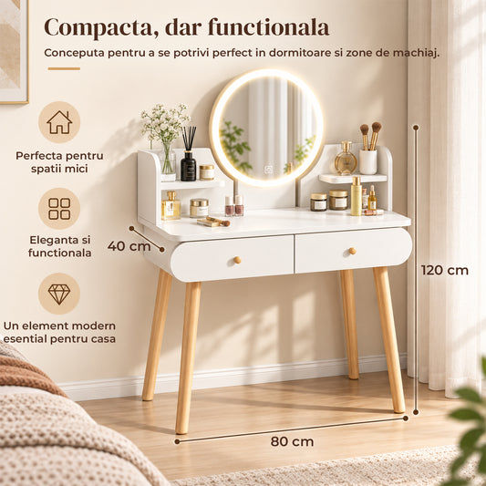 Masa de Toaleta Elindor®, cu Oglinda LED Rotunda, 3 Nuante de Lumina, Luminozitate Reglabila, Control Tactil, 2 Sertare, Rafturi Laterale, 120 x 40 x 80 cm, Bej