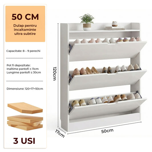 Organizator pentru Pantofi Elindor® Pantofar tip Dulap cu 3 Nivele Mari, Fara Gauri, Suport pentru Papuci, Dulap Hol, Living, Dormitor, Economisire Spatiu, Depozitare Incaltaminte, 50 x 17 x 120 cm, Alb