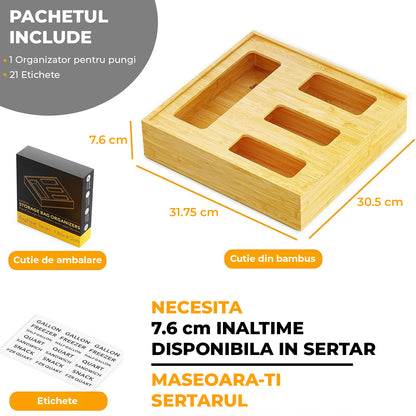 Organizator Depozitare Pungi Alimentare Elindor® 4 Compartimente, Organizatoare pentru Sertar, Dulap, Cutie Organizare, Cos Multifunctional, Separator Potrivit pentru Bucatarie, Camara, 31.7 x 30.5 x 7.6 cm, Bej