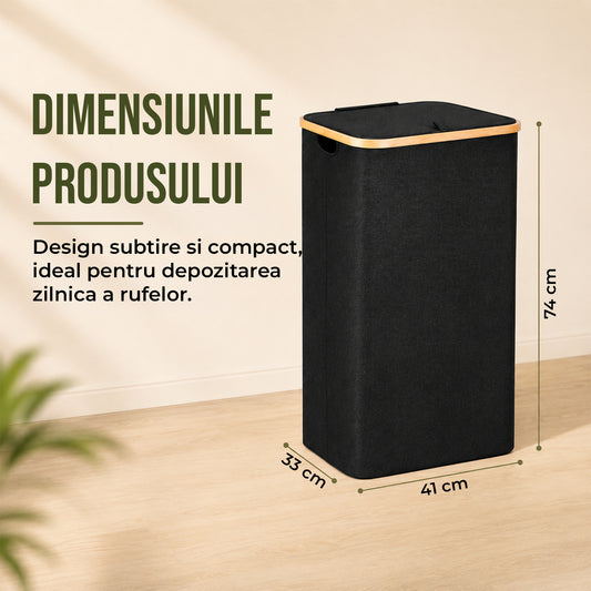 Cos de Rufe Elindor® Pliabil si Impermeabil, Lavabil, Cadru din Bambus, cu Capac si Sac de Haine Murdare Detasabil, Recipient Sortare Dreptunghiular de 100 L, Ideal pentru Baie Casa sau Hotel, 74 x 41 x 33 cm, Material Textil, Negru