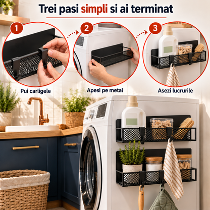 Set 2 Rafturi Magnetice Elindor®, Organizatoare pentru Frigider, Suporturi de Depozitare din Otel Carbon, Fixare Magnetica Fara Gaurire, Baza cu Plasa Metalica, 4 Carlige pentru Accesorii, Negru