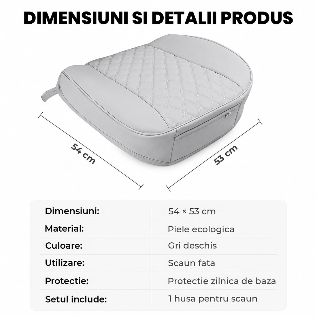 Husă Auto Universală 54 x 53 cm, Piele PU Matlasată, Anti-Alunecare, Design Elegant cu Buzunar de Depozitare, Gri