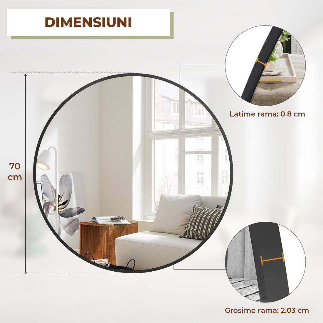 Oglinda Rotunda 70 cm Rama Neagra Elindor® Decorativa, Moderna si Eleganta, Reflexie HD, Sticla fara Distorsiuni, Ideala pentru Dormitor, Living, Birou, Dressing, Hol