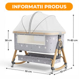 Patut Pliabil Bebelusi Elindo® 3 in 1, Copii 0-6 luni, Leagan Bebe pe 6 Nivele de Inaltime, Cos Depozitare, Portabil, Plasa Laterala, Roti cu Sistem Blocare, Saltea Integrata, Greutate Maxima 9-12 kg, Model cu Stele, Gri