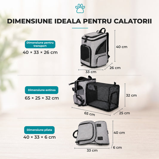 Rucsac Transport Animale Elindor®, Extensibil si Pliabil, pentru Pisici si Caini Mici, cu Buzunare, Inchidere cu Ferrmoar, Oxford Rezistent, 33 × 26 × 40 cm, Gri