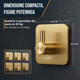 Set 6 Carlige Adezive Elindor® din Otel Inoxidabil, Montare Fara Gaurire, Greutate Mxima Suportata 10 kg, Design patrat si Colturi Rotunjite, Instalare Usoara, Ideal pentru Baie, Bucatarie sau Birou, 4.5 x 4.5 cm, Auriu