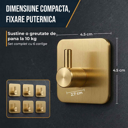 Set 6 Carlige Adezive Elindor® din Otel Inoxidabil, Montare Fara Gaurire, Greutate Mxima Suportata 10 kg, Design patrat si Colturi Rotunjite, Instalare Usoara, Ideal pentru Baie, Bucatarie sau Birou, 4.5 x 4.5 cm, Auriu