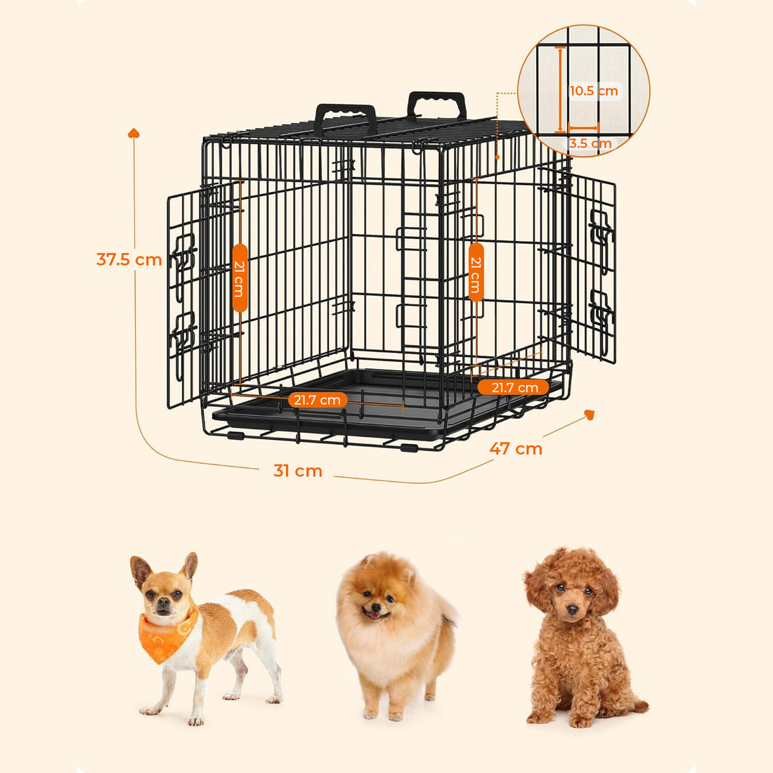 Cusca pentru Animale Elindor® Pliabila, Potrivita pentru Caini de Talie Mica, Medie de pana la 5 Kg, Utilizare in Interior si Exterior sau Calatorii, cu 2 Usi, Baza din Plastic Detasabila, 2 Manere pentru Transport, Marime S, 47 × 31 × 37.5 cm, Negru