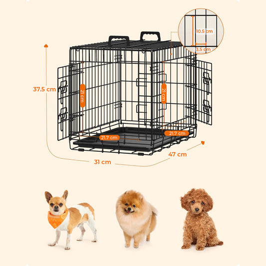 Cusca pentru Animale Elindor® Pliabila, Potrivita pentru Caini de Talie Mica, Medie de pana la 5 Kg, Utilizare in Interior si Exterior sau Calatorii, cu 2 Usi, Baza din Plastic Detasabila, 2 Manere pentru Transport, Marime S, 47 × 31 × 37.5 cm, Negru