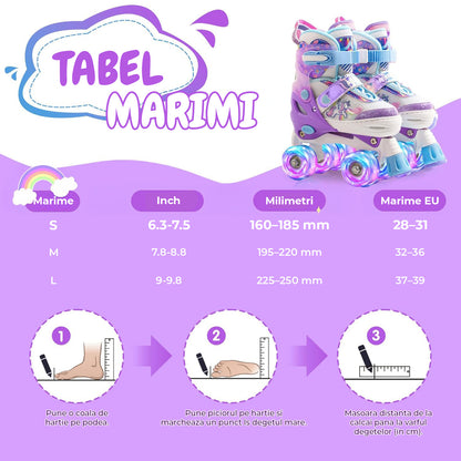 Role Reglabile Elindor® pentru Copii si Adulti, 4 Roti Luminoase din Silicon Quad, Rulmenti ABEC-7, Frana Fata, Aluminiu / Poliuretan, Patine cu Rotile pentru Fete, Baieti, Dama, Marimea L, 37-39