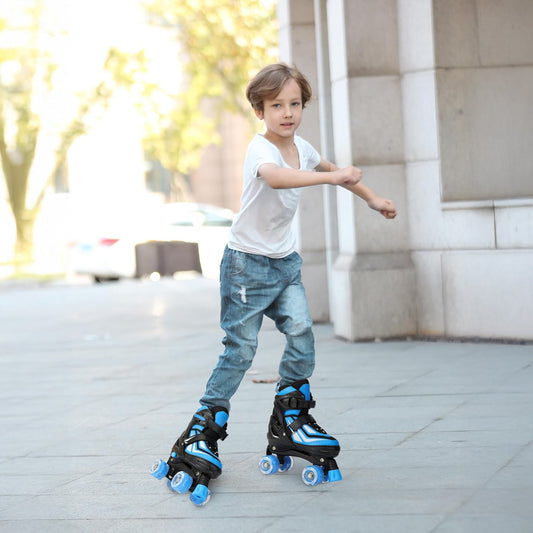 Role Reglabile Elindor® pentru Copii, Fete si Baieti, 4 Roti cu Lumini Quad, Rotile Ajutatoare, Rulmenti ABEC-7, Aluminiu / Poliuretan, Marimea S, 27-30, Model Uni, Negru / Albastru