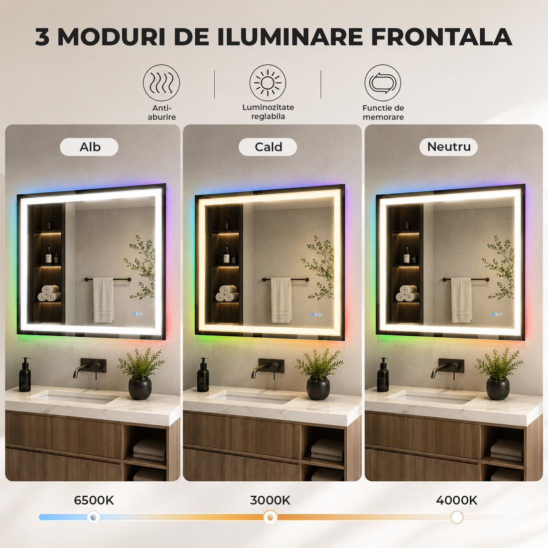 Oglinda de Perete Elindor® Antiaburire, Dreptunghiulara, Montare pe Orizontala, fara Rama, Ideala pentru Baie, Iluminare Led RGB, Buton ON/OFF Luminat si Noaptea, Rezistenta la Umiditate IP44, 100 x 60 cm