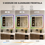 Oglinda de Perete Elindor® Antiaburire, Dreptunghiulara, Montare pe Orizontala, fara Rama, Ideala pentru Baie, Iluminare Led RGB, Buton ON/OFF Luminat si Noaptea, Rezistenta la Umiditate IP44, 100 x 60 cm